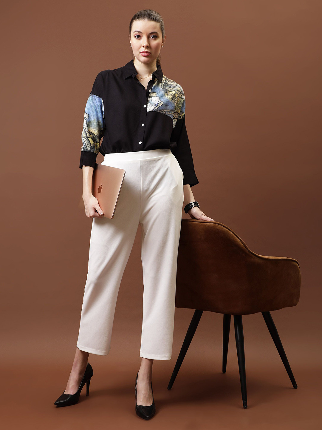 Athena Immutable Roll-Up Sleeves Applique Cotton Shirt Style Top