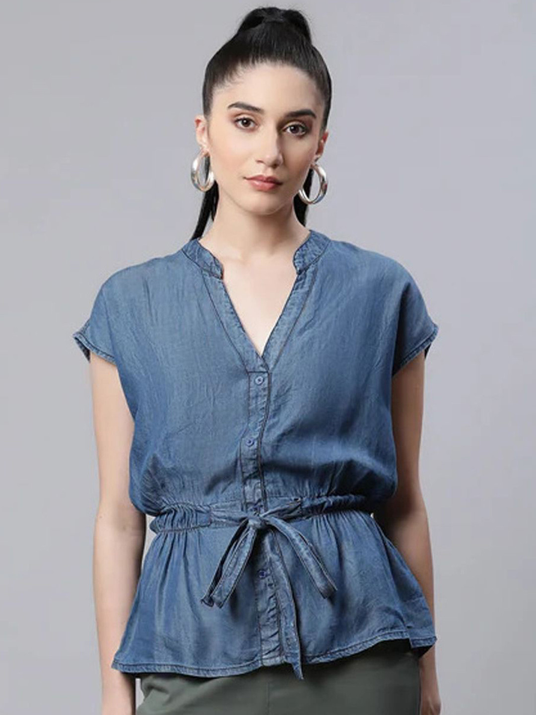 Global Republic Mandarin Collar Extended Sleeves Organic Cotton Denim Cinched Waist Top
