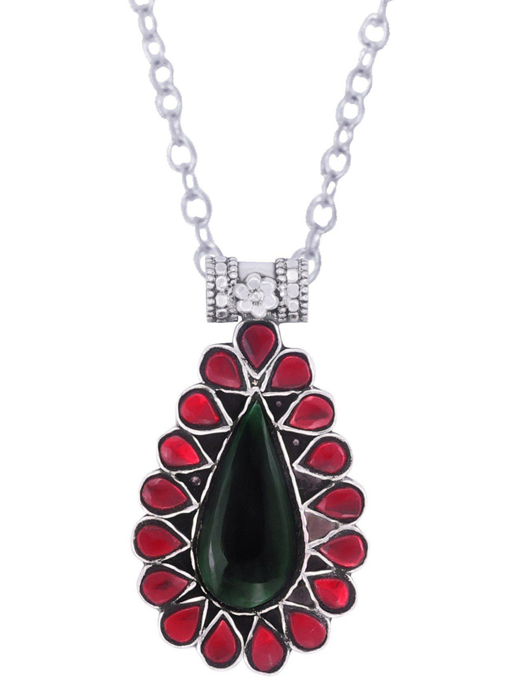 Exotic India Red and Green Colored Glass Sterling Silver Pendant