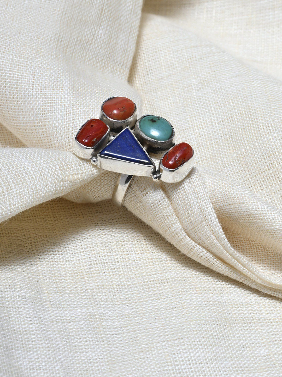 Exotic India Multiple Gemstones Adjustable Sterling Silver Ring
