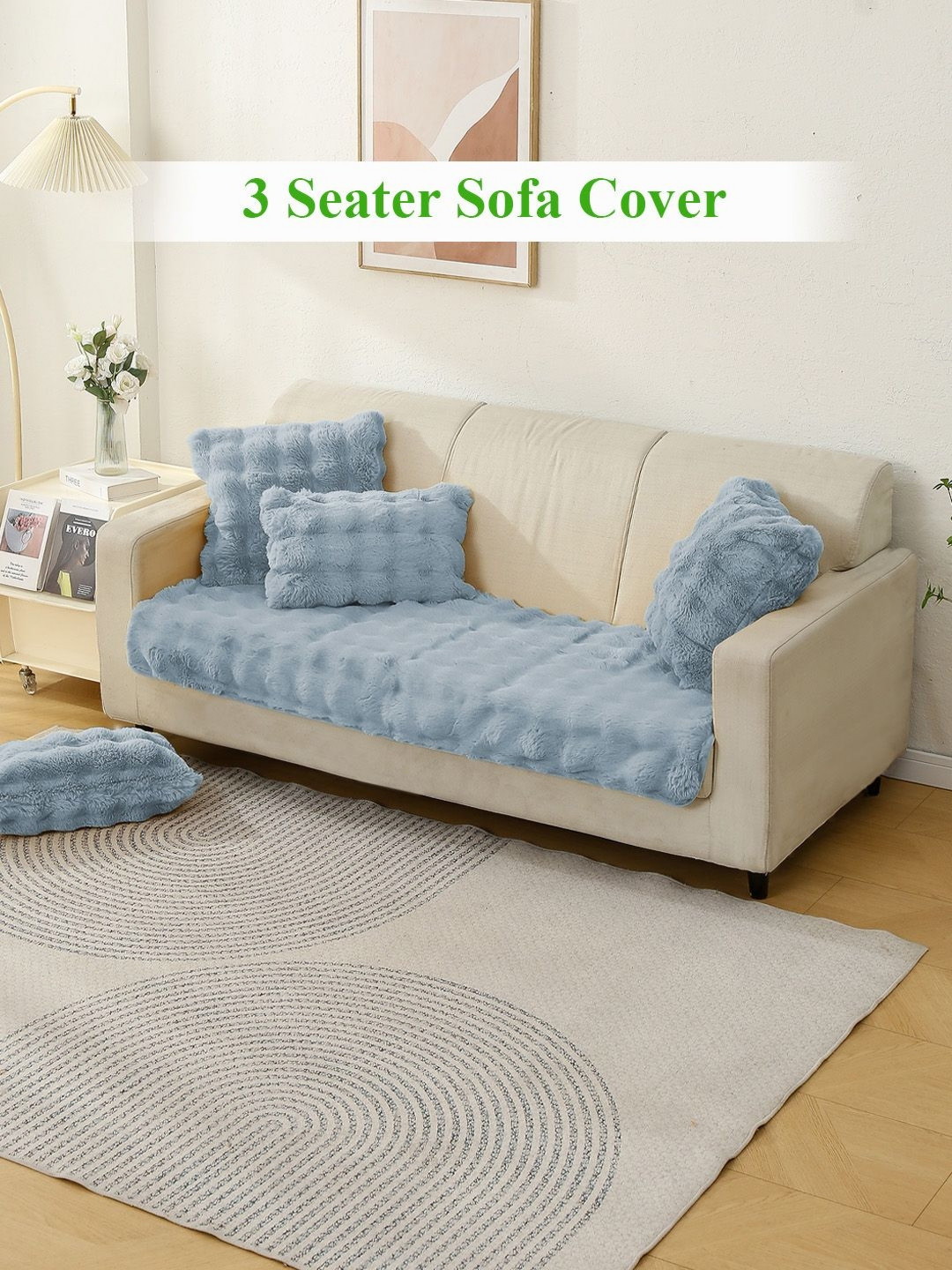 HOKIPO Blue Faux Fur Anti Slip 3 Seater Sofa Mat Cover