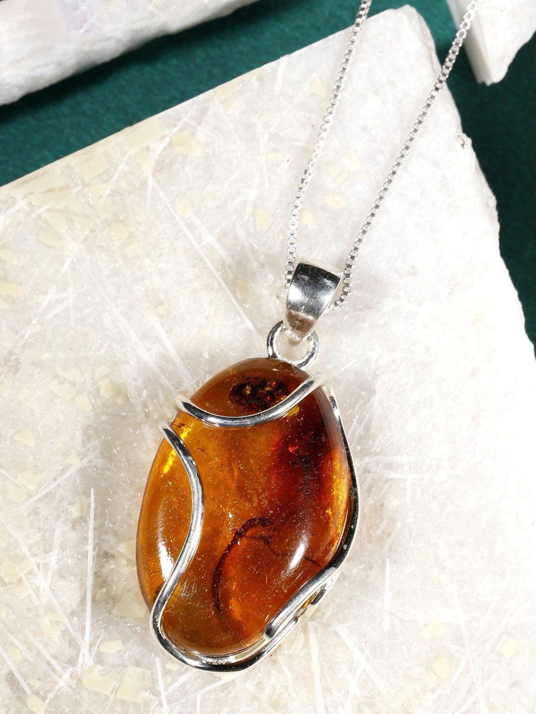 Exotic India Cabochon Amber Stone Oval Cut Sterling Silver Pendant