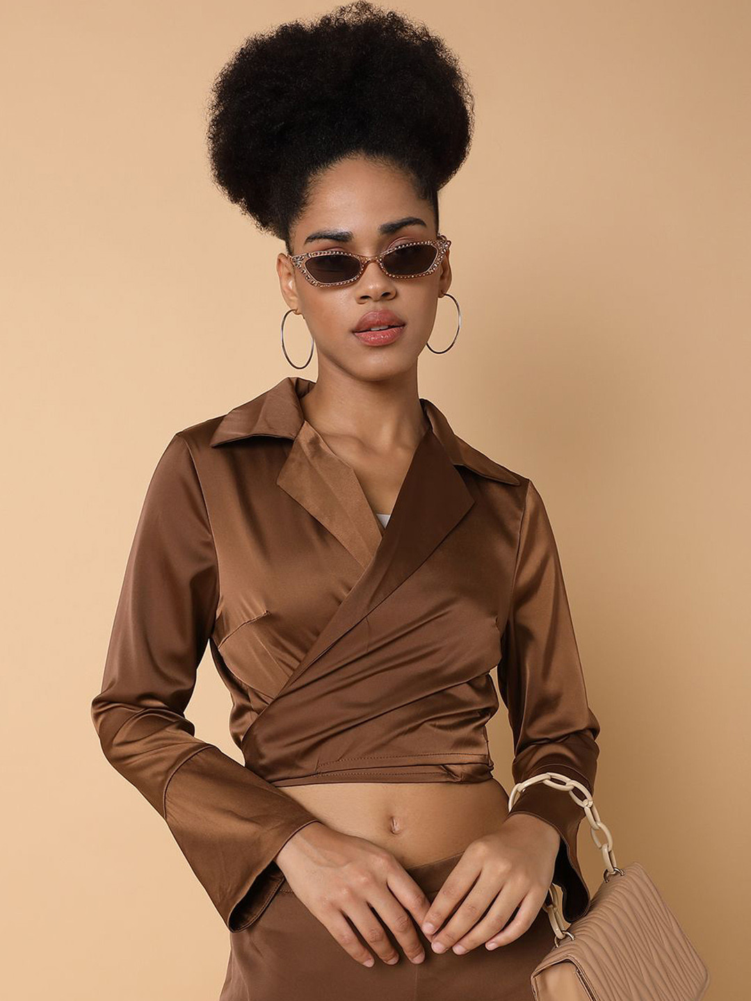 SHOWOFF Shawl Collar Long Sleeves Nylon Top With Trouser Co-Ords