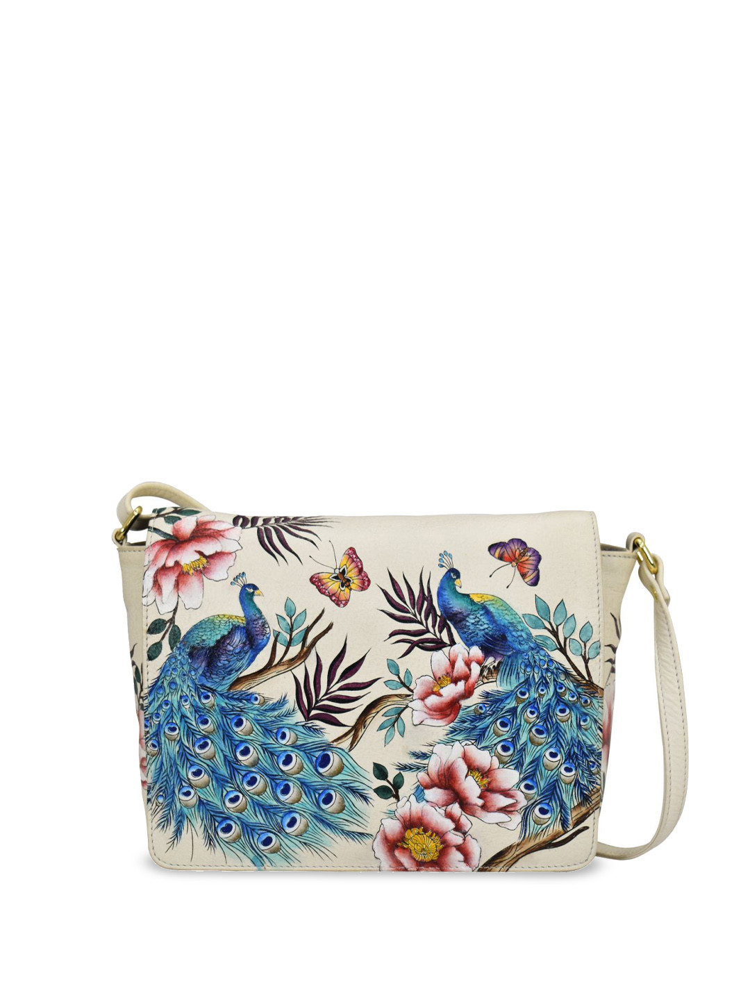Anuschka Women Pretty Peacocks Hand painted Leather Flap Crossbody