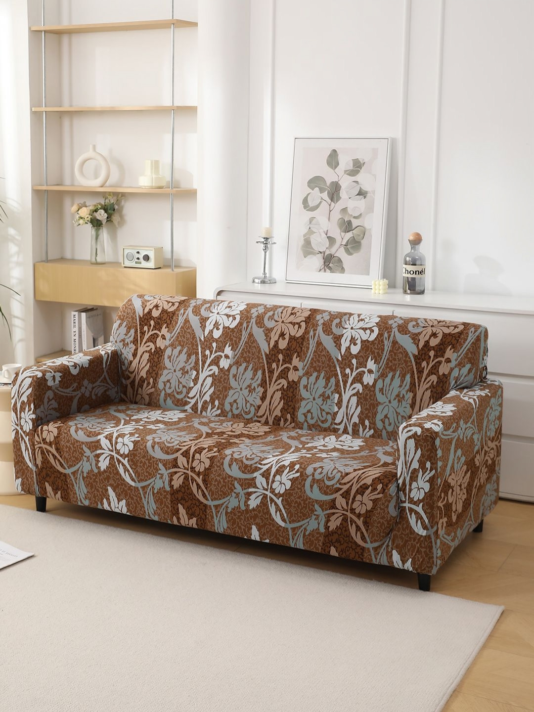 HOKIPO Coffee Brown & White 4 Seater Sofa Cover With Arms