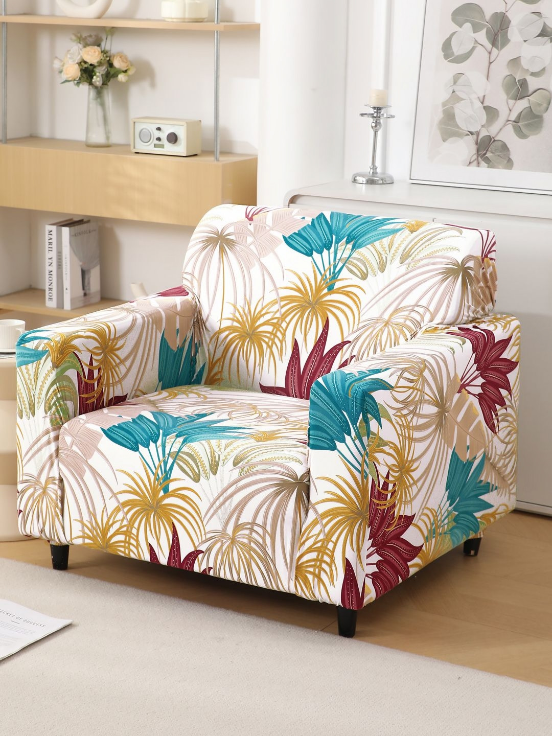 HOKIPO Beige & Blue Floral Printed 140 GSM Single Seater Sofa Cover With Arms