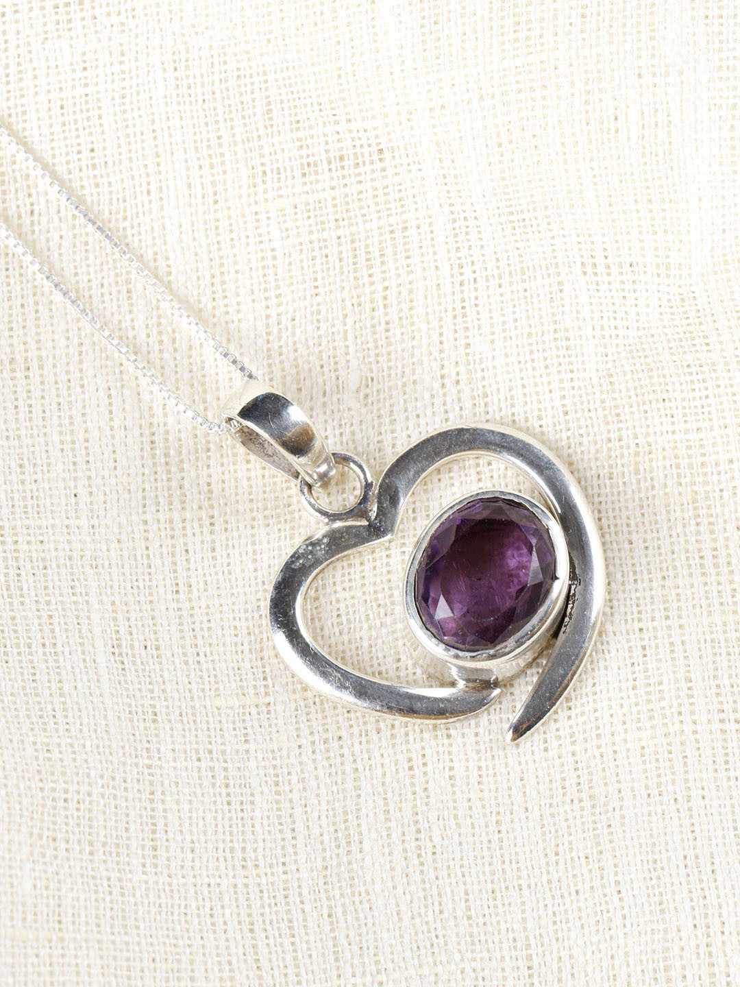 Exotic India Amethyst Gemstone Heart Shape Sterling Silver Pendant