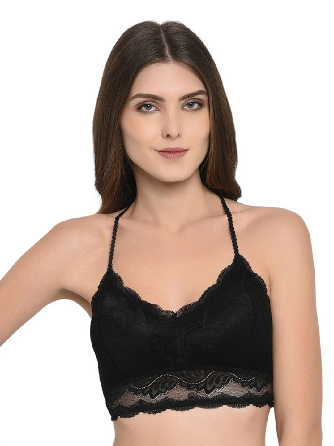 Poftik V Neck Black Lace Seamless Full Coverage Lightly Padded Non-Wired Bralette