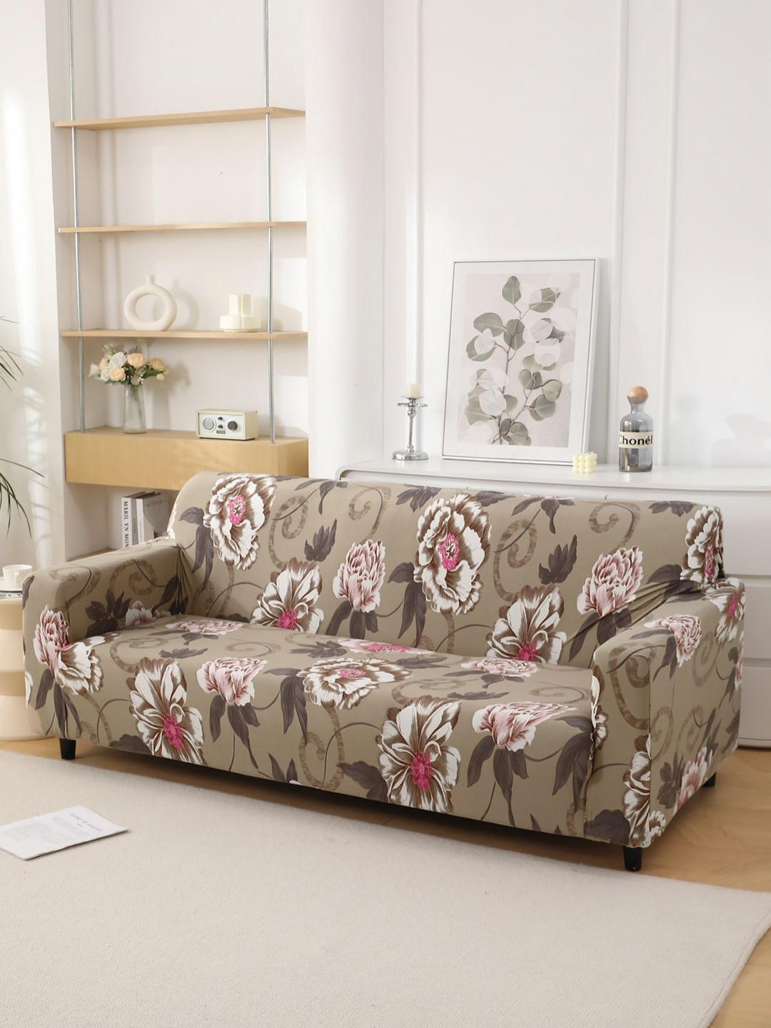 HOKIPO Brown & Pink Printed 4 Seater Sofa Cover With Arms