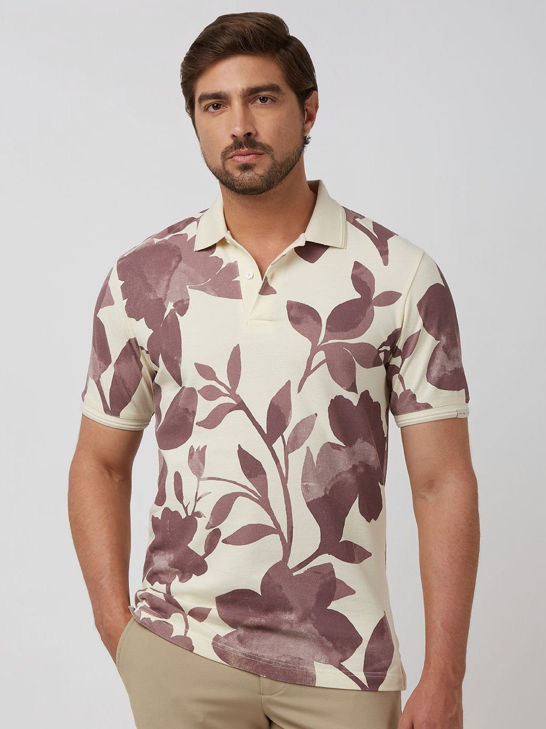 Mufti Men Floral Print Polo Collar Cotton Slim Fit T-shirt
