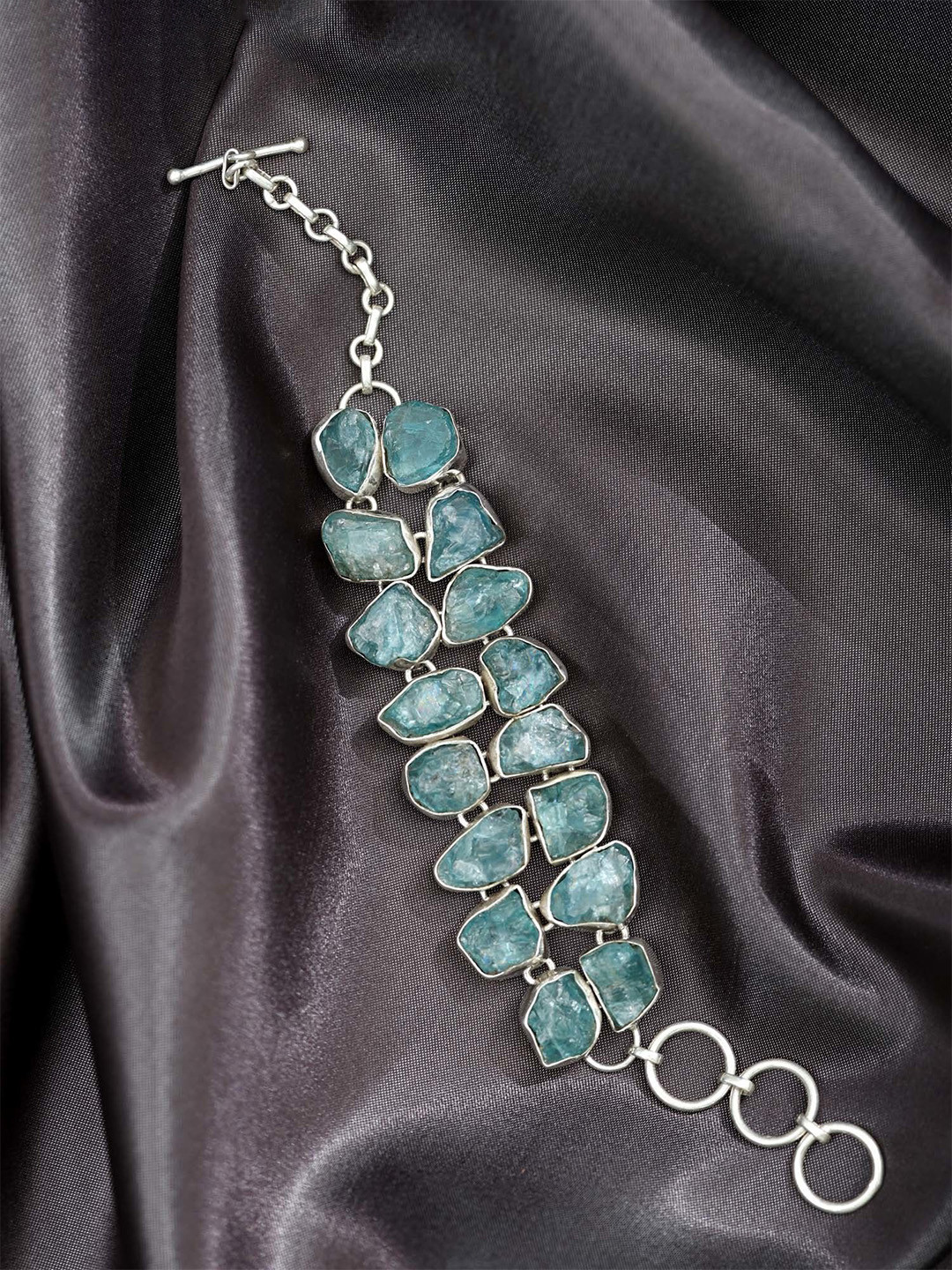 Exotic India Natural Raw Green Apatite Gemstone Sterling Silver Bracelet