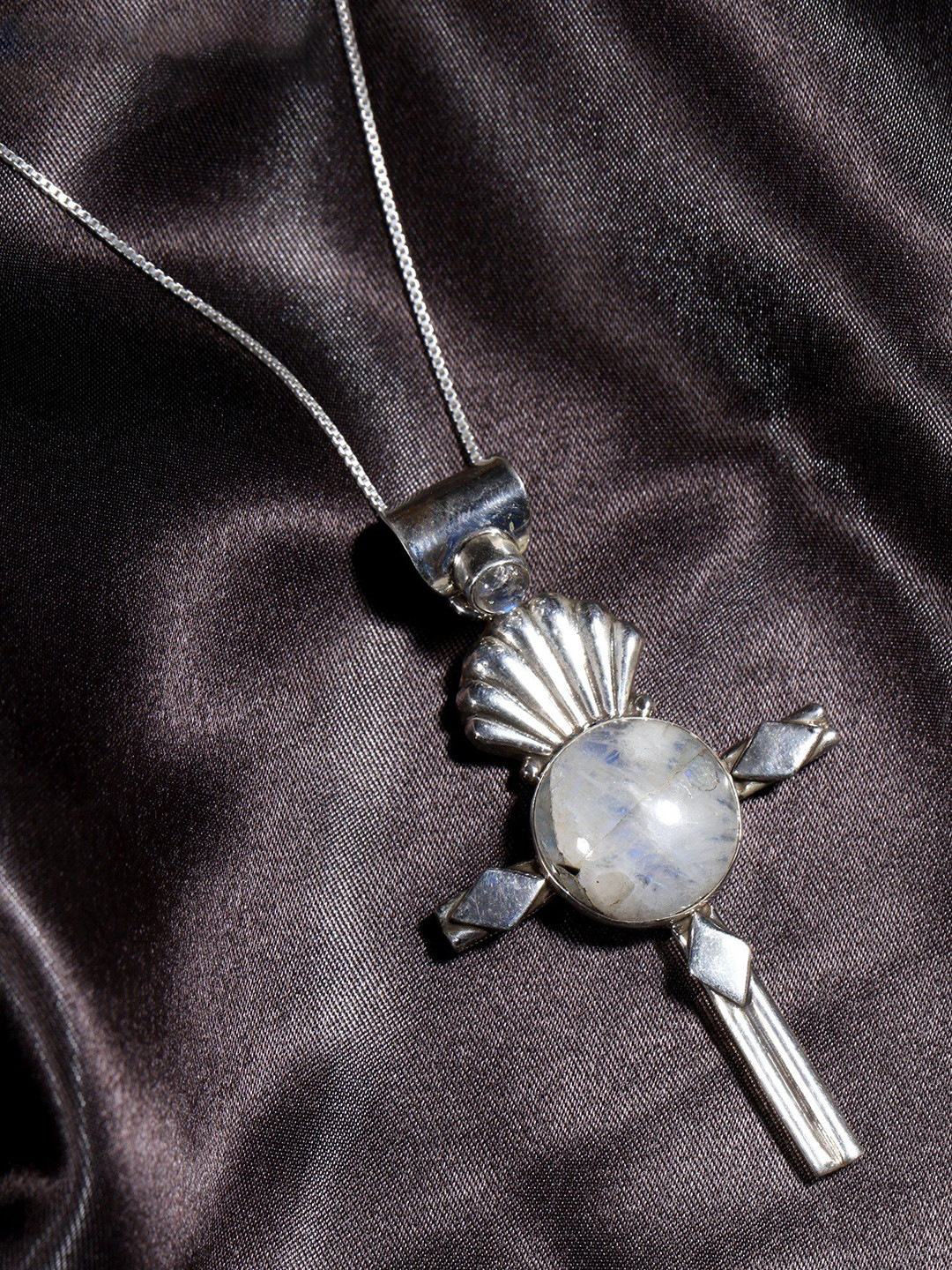 Exotic India Round Cut Rainbow Moonstone Sterling Silver Cross Pendant