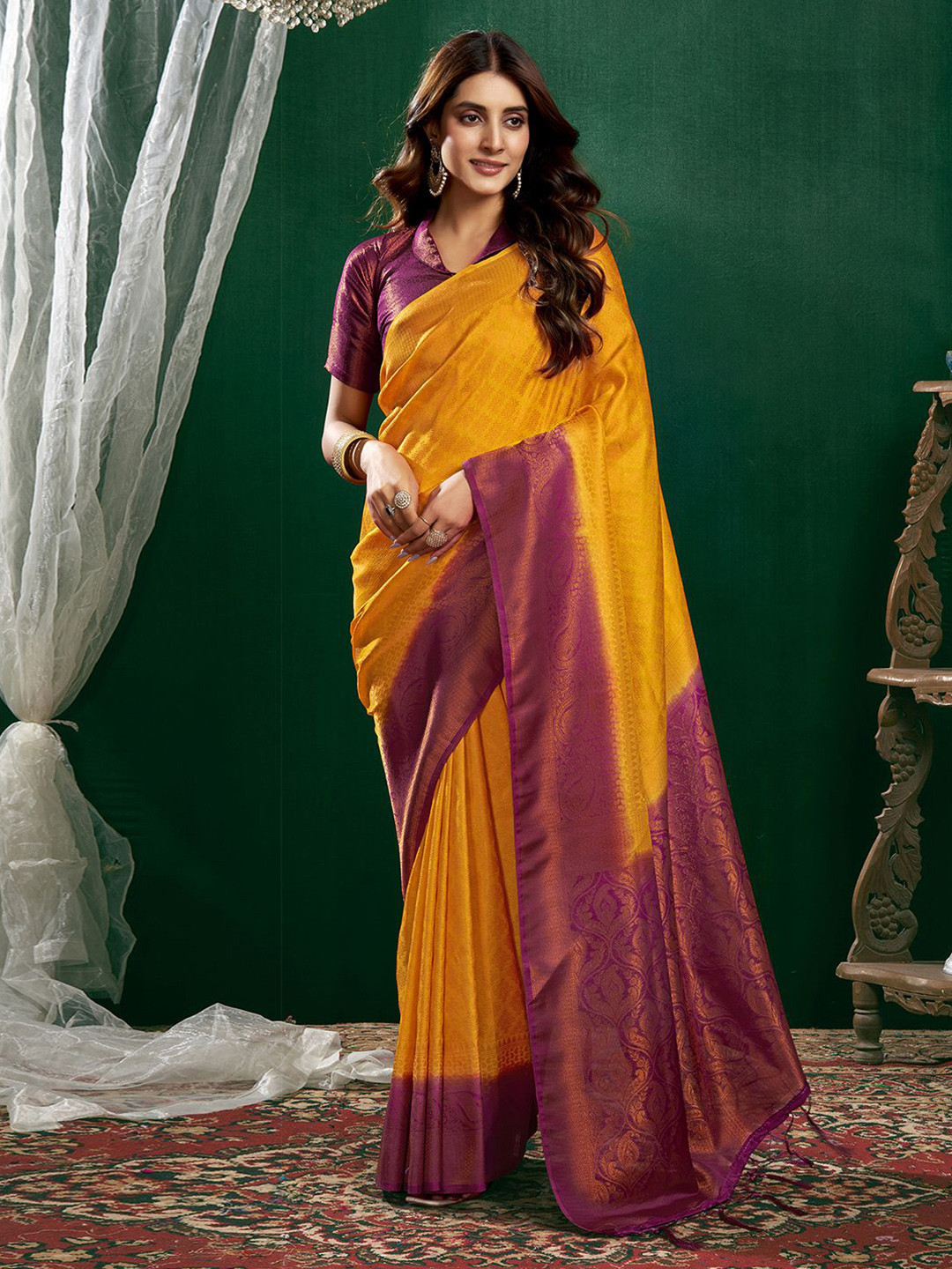Satrani Kanjeevaram Silk Blend Woven Design Zari Traditional Saree