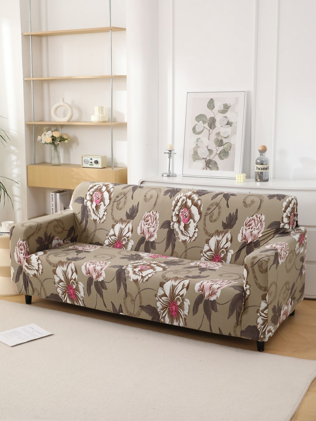 HOKIPO Brown & White Floral Printed 3 Seater Stretchable Sofa Cover With Arms