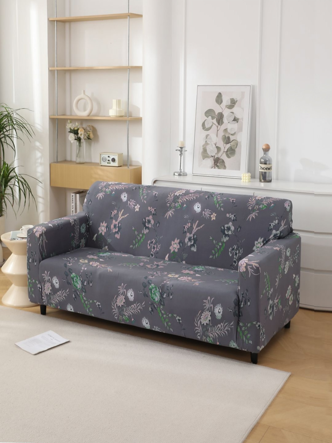HOKIPO Grey & White Printed 140 GSM Stretchable 2 Seater Sofa Cover With Arms