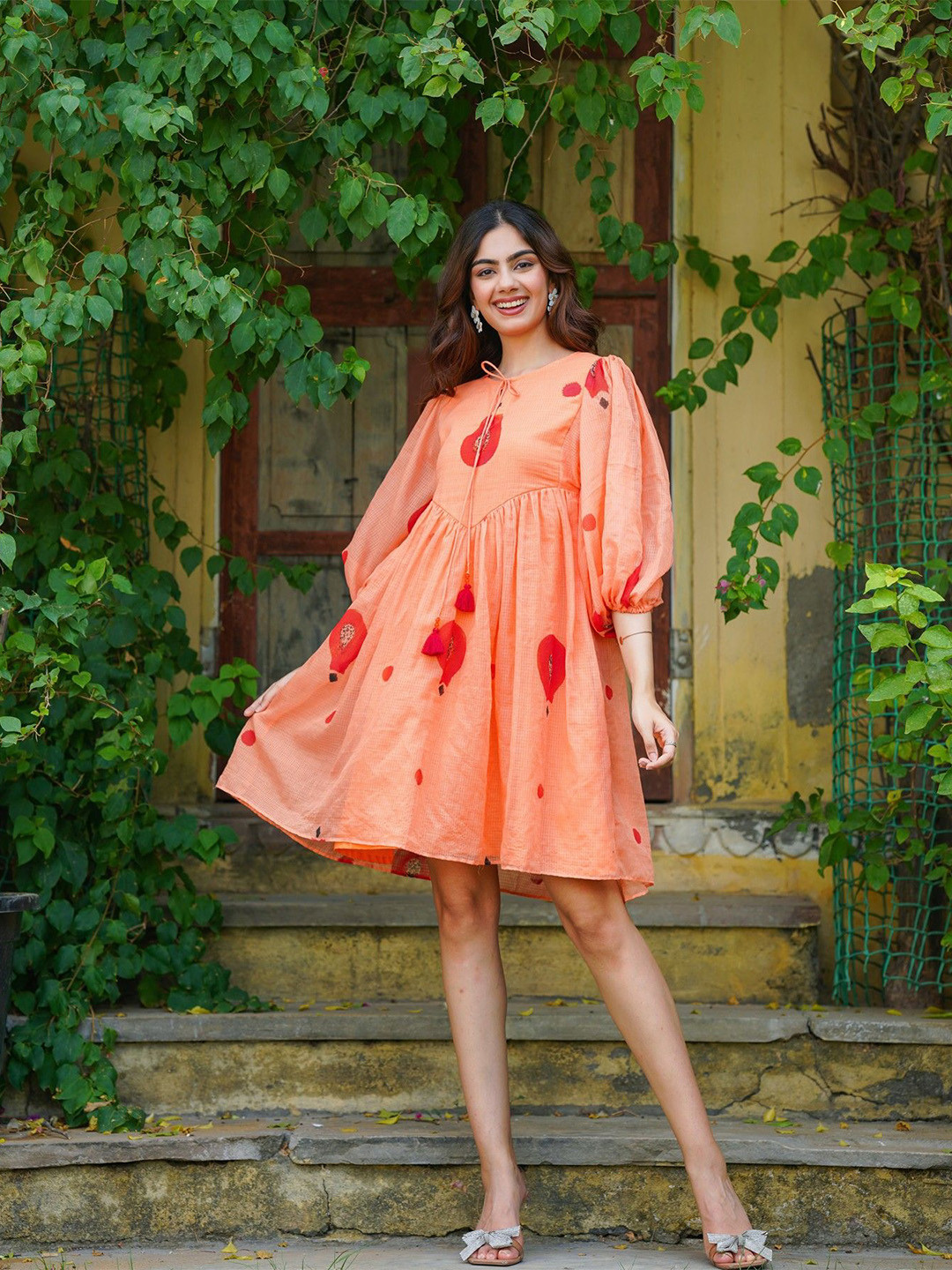 Ambraee Floral Puff Sleeve A-Line Dress