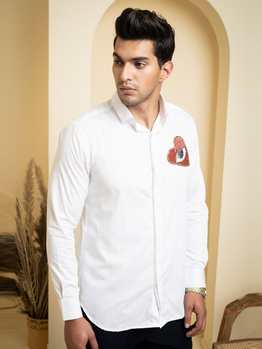 HILO DESIGN Men Cotton Embroidered Original Opaque Party Shirt