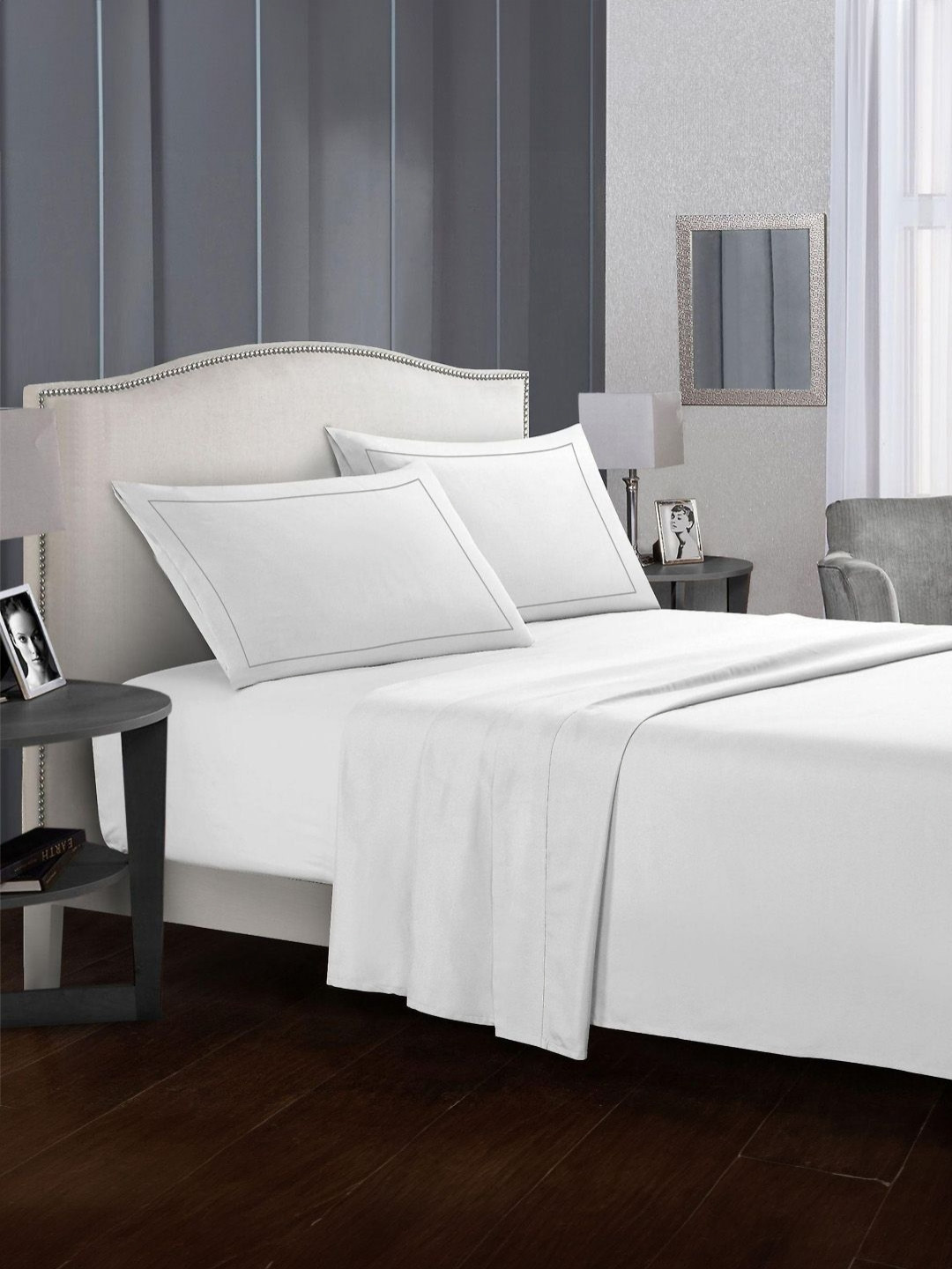KINGDOM OF WHITE White 400 TC Pure Cotton King Fitted Bedsheet With 2 Pillow Covers