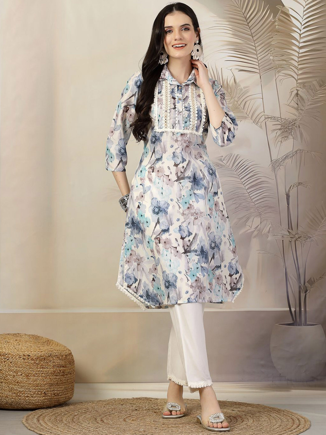Nayam By Lakshita Floral Printed Roll-Up Sleeves Mirror Work A-Line Kurta With Trouser