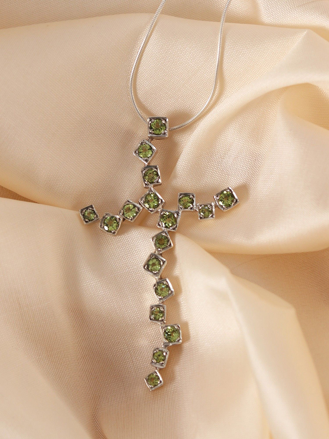 Exotic India Peridot Stone Designer Asymmetric Cross Sterling Silver Pendant