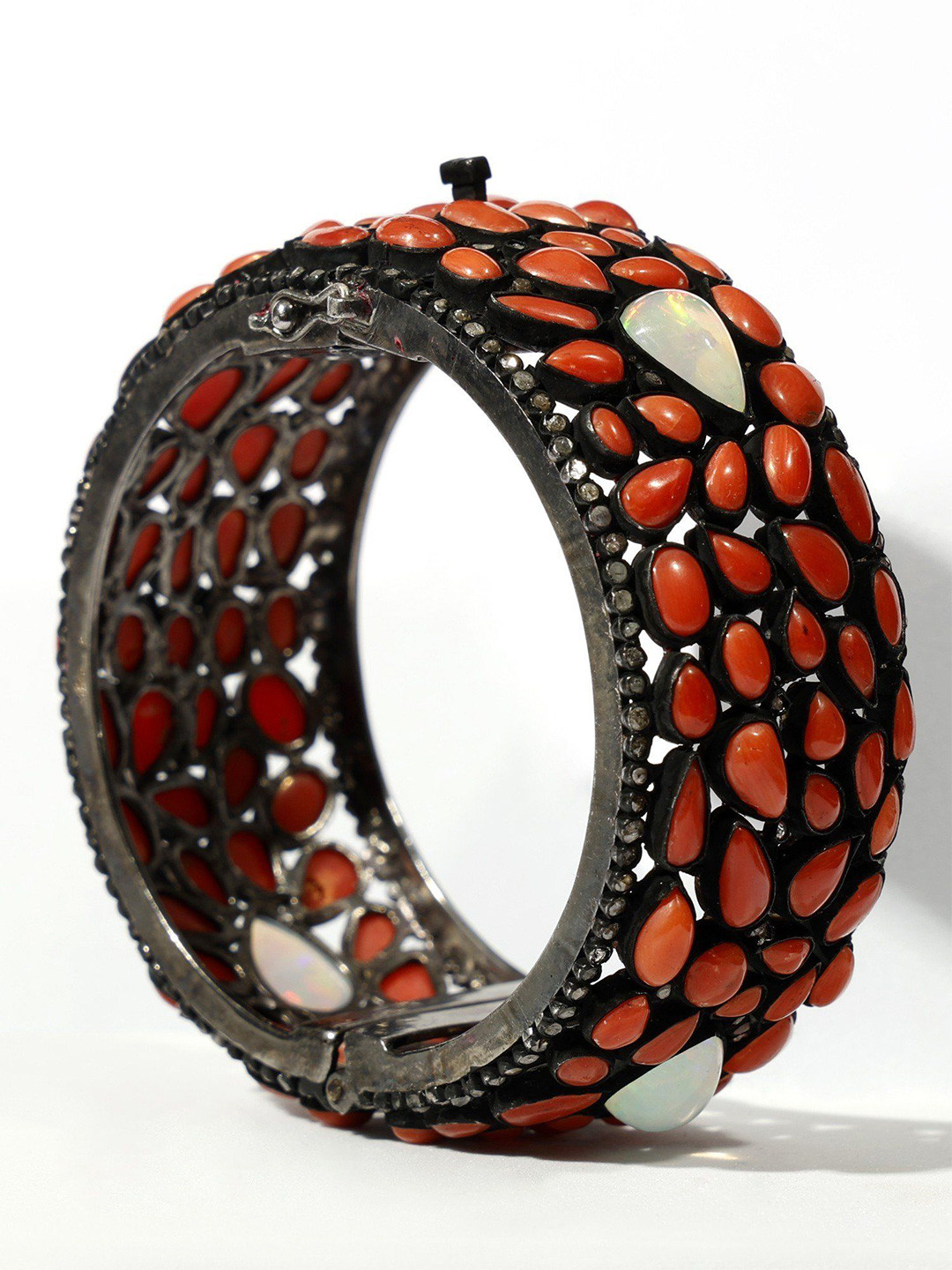 Exotic India Coral, White Opal Stone & Real Diamonds Sterling Cuff Bracelet