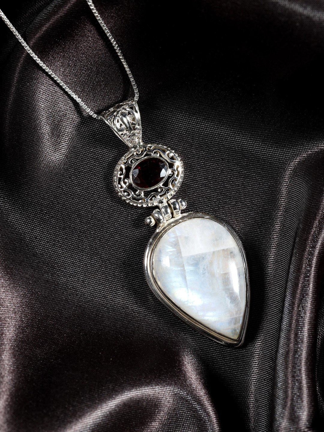 Exotic India Garnet with Rainbow Moonstone Sterling Silver Pendant