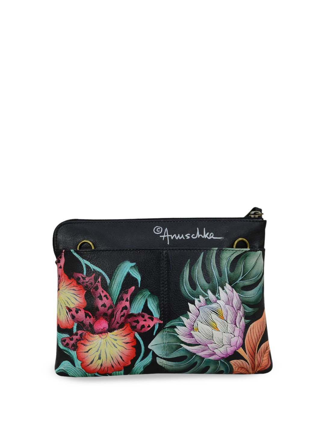 Anuschka Women Island Escape Black Hand painted Leather Three in One Clutch