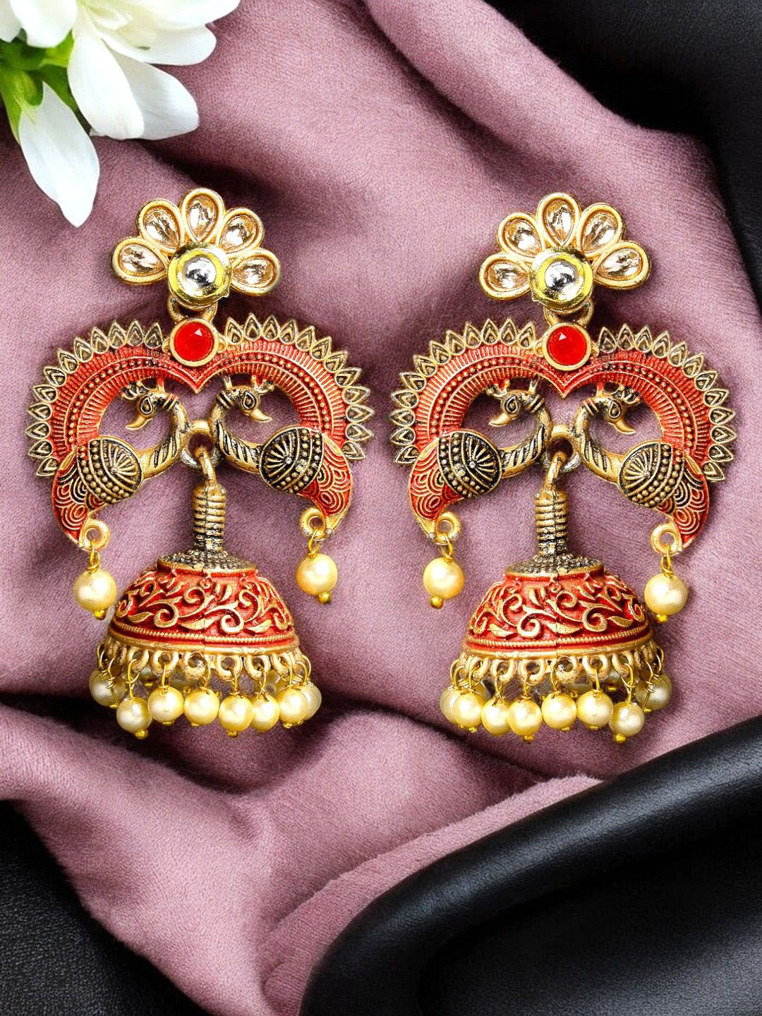 ADIVA Gold-Plated Kundan Stone & Pearl Hand-Painted Dome Shaped Jhumkas