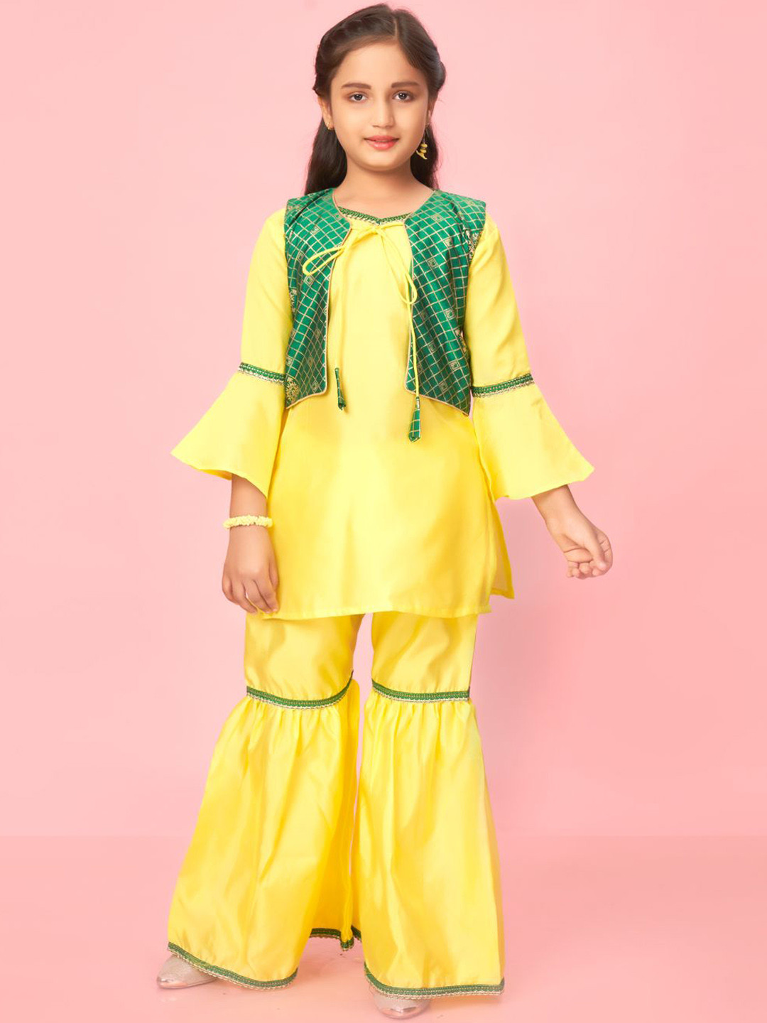 BAESD Girls Flared Sleeves Straight Pure Silk Kurta With Sharara Aand Jacket