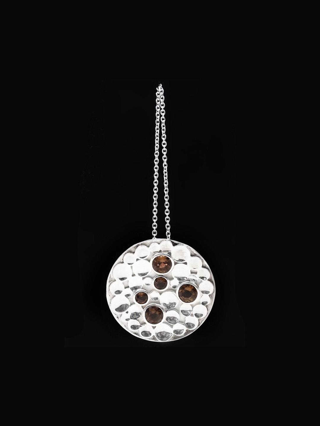Exotic India Smoky Quartz Gemstone Circular Sterling Silver Pendant