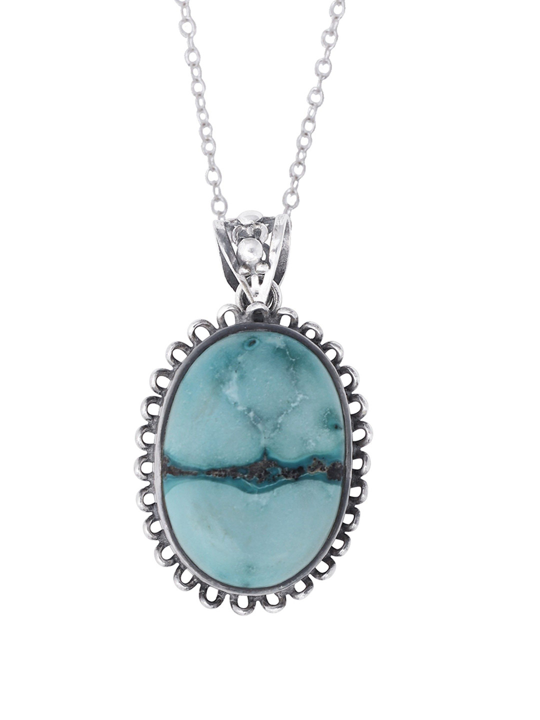 Exotic India Beautiful Turquoise Stone Sterling Silver Studded Pendant