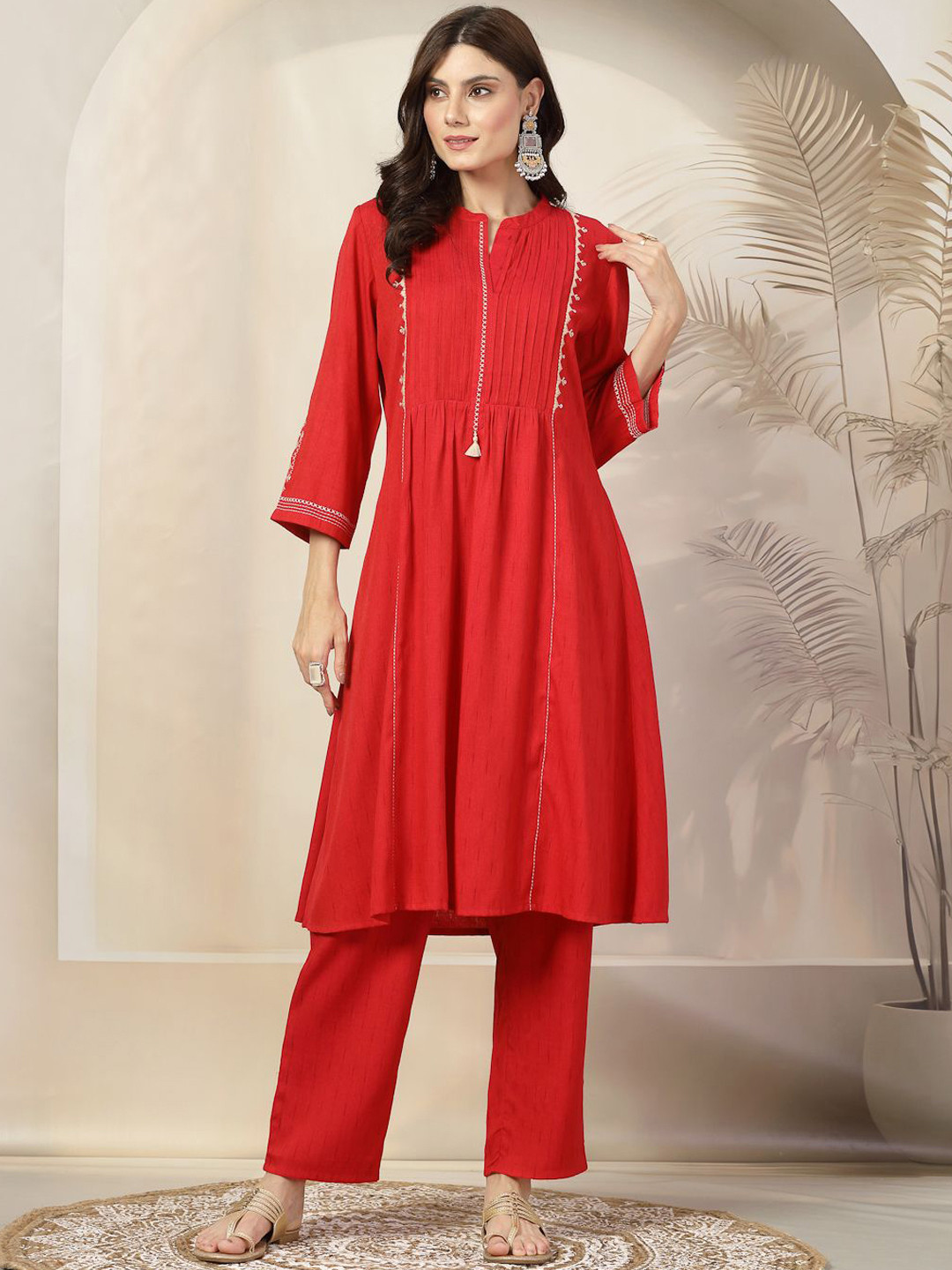 Nayam By Lakshita Striped Band Collar Thread Work A-Line Kurta With Trouser