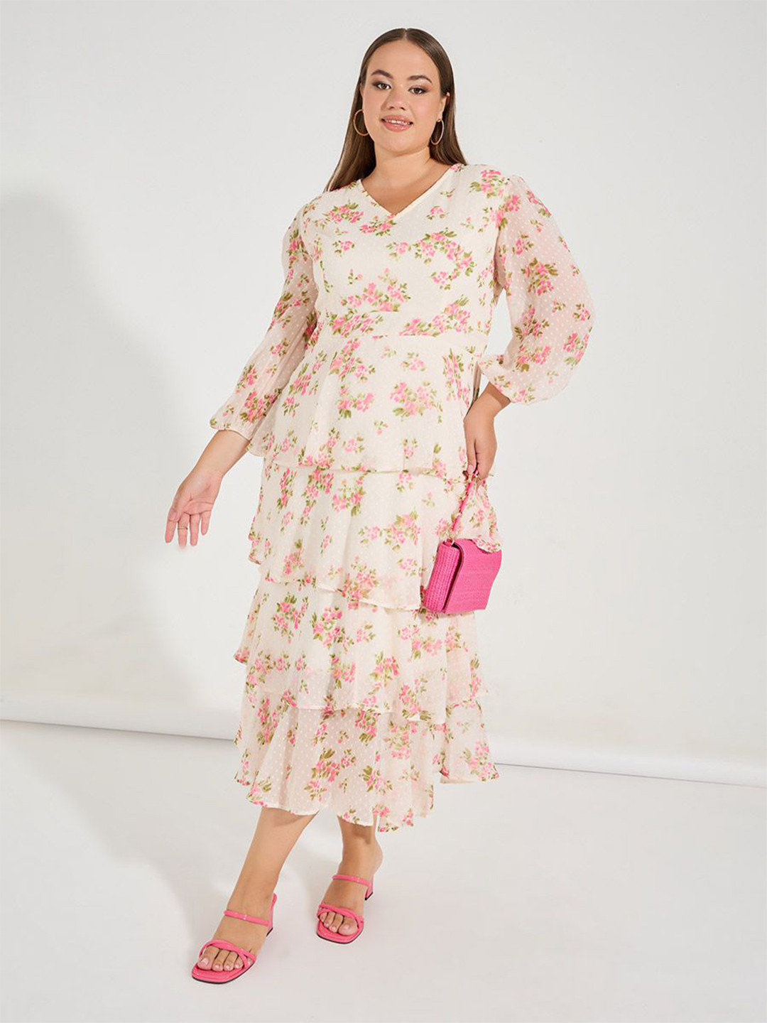 Styli Women Plus Size Floral Print Long Sleeve Tiered Maxi Dress