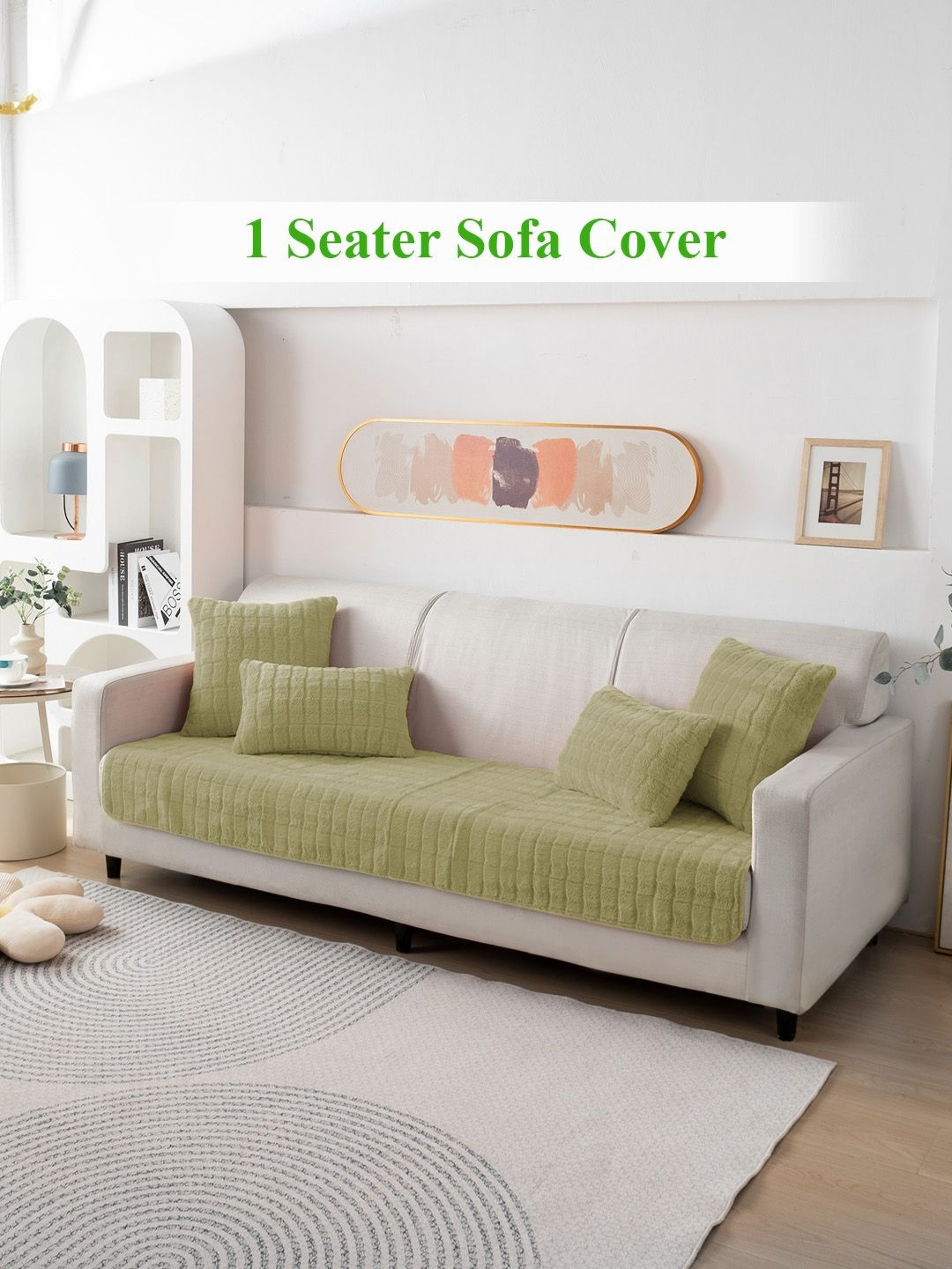 HOKIPO Green Plush Single Seater Anti Slip Sofa Mat Cover