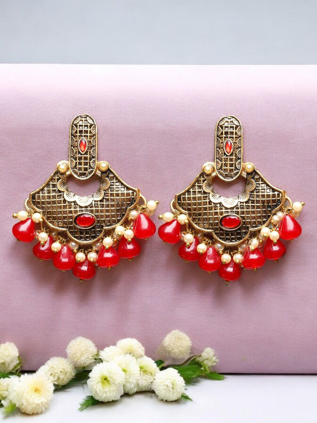 ADIVA Gold-Plated Antique Pearl & Stone Classic Drop Earrings