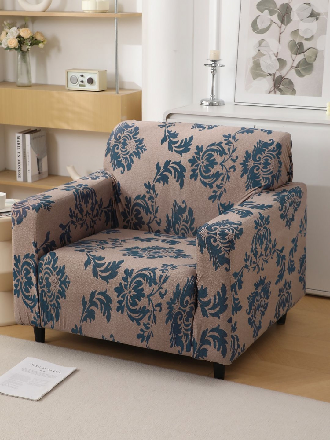 HOKIPO Coffee Brown & Blue1 Seater Sofa Cover With Arms