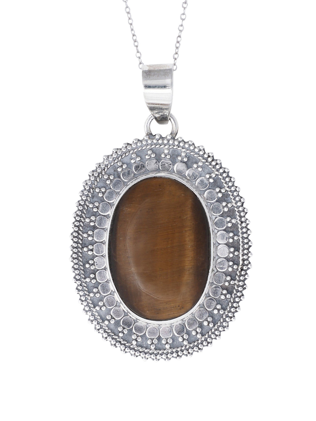 Exotic India Large Tiger Eye Stone Sterling Silver Studded Pendant