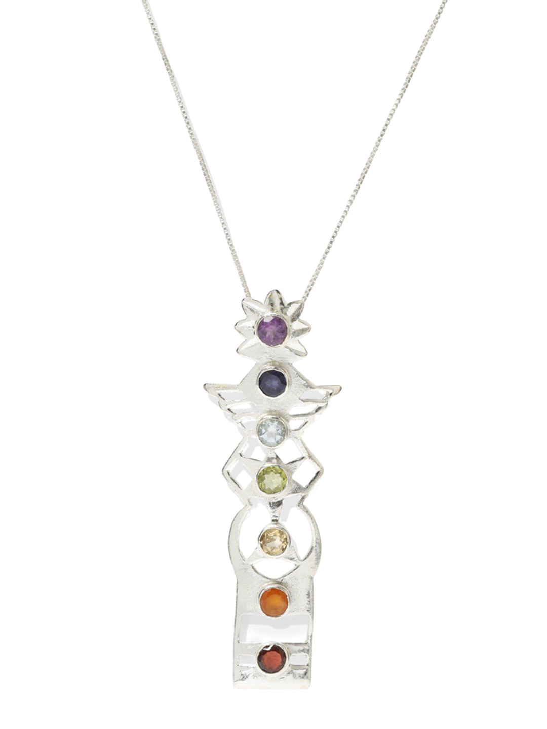 Exotic India Multi Gemstone Sterling Silver Kundalini Chakras Pendant