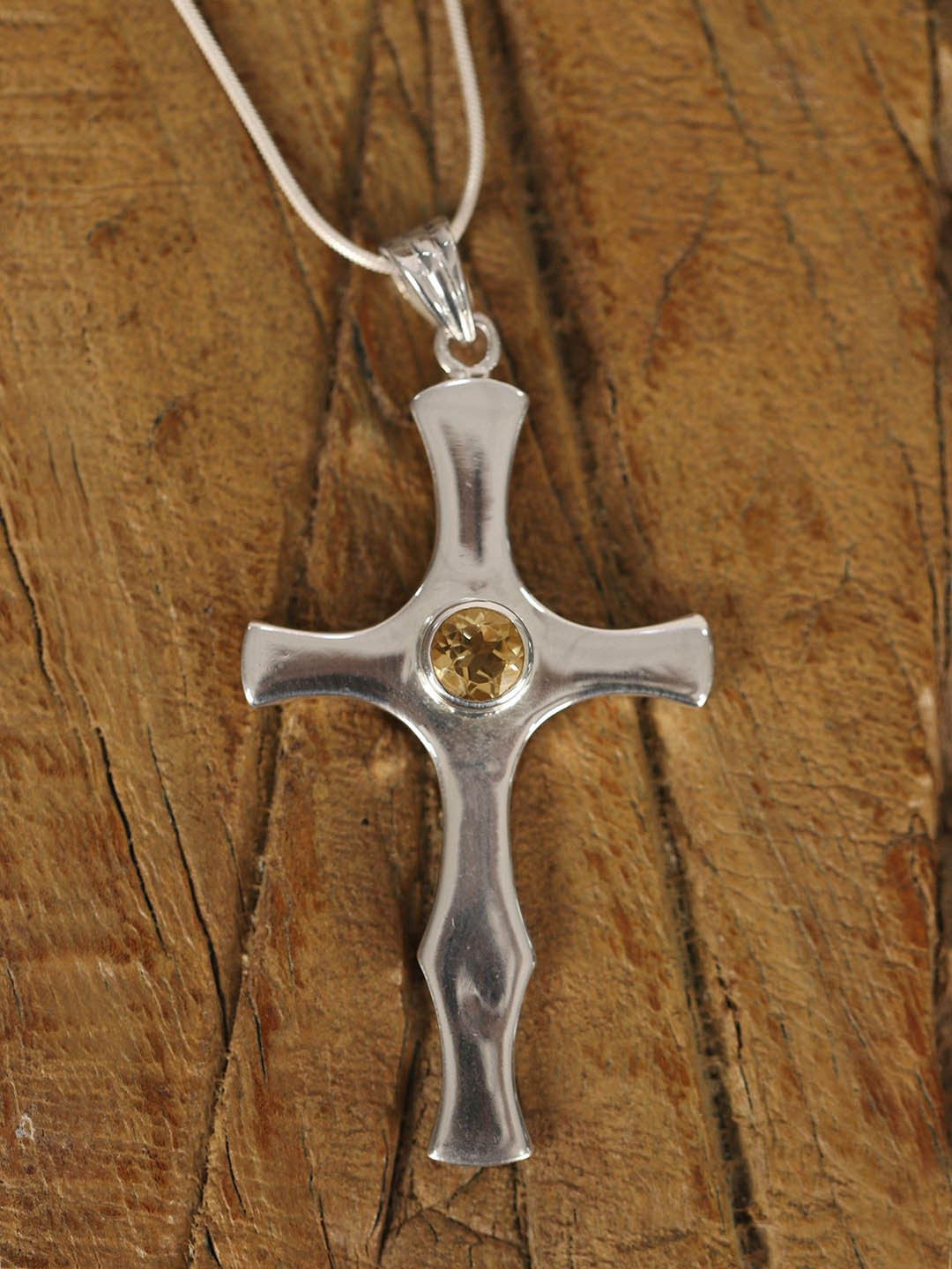 Exotic India Citrine Stone in Center Sterling Silver Cross Pendant