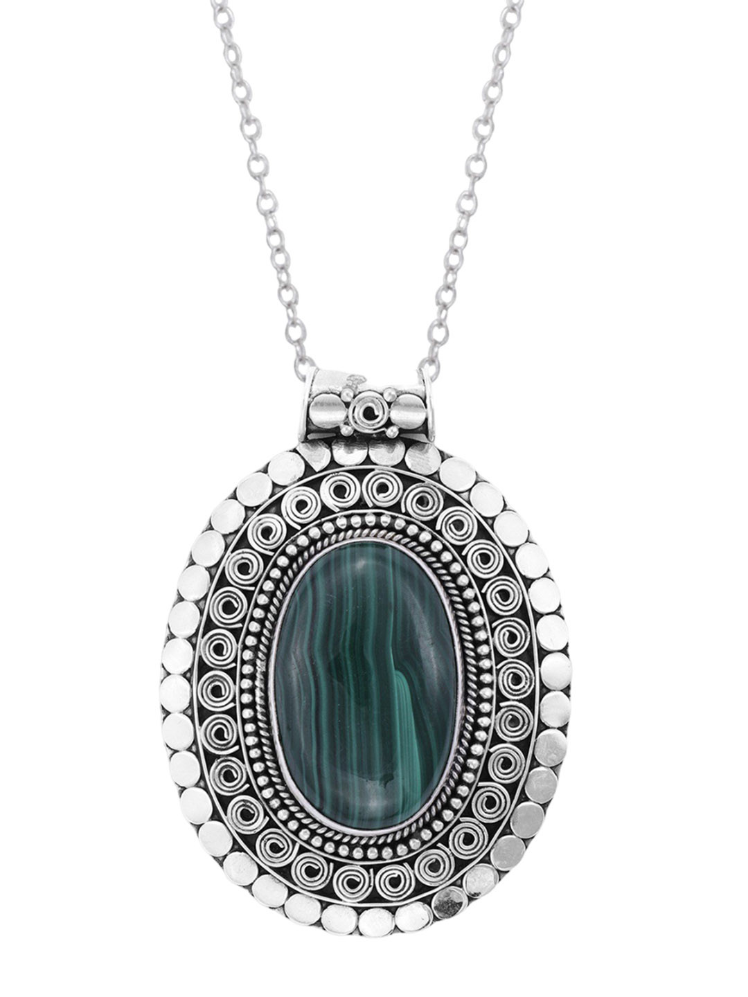 Exotic India Green Malachite Gemstone Designer Sterling Silver Pendant