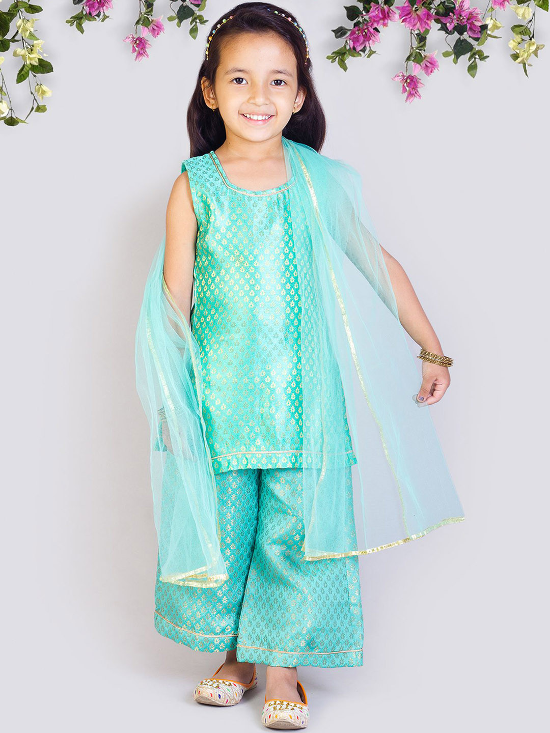 Tangerine Closet Girls Ethnic Motifs Woven Design Straight Kurti & Palazzos With Dupatta