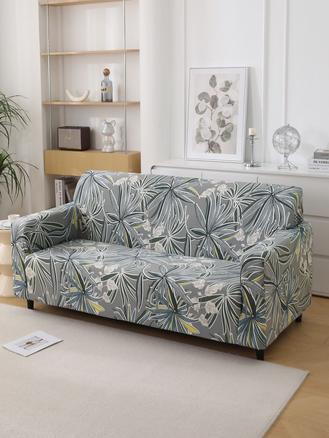 HOKIPO Grey & White 2 Seater Sofa Cover With Arms