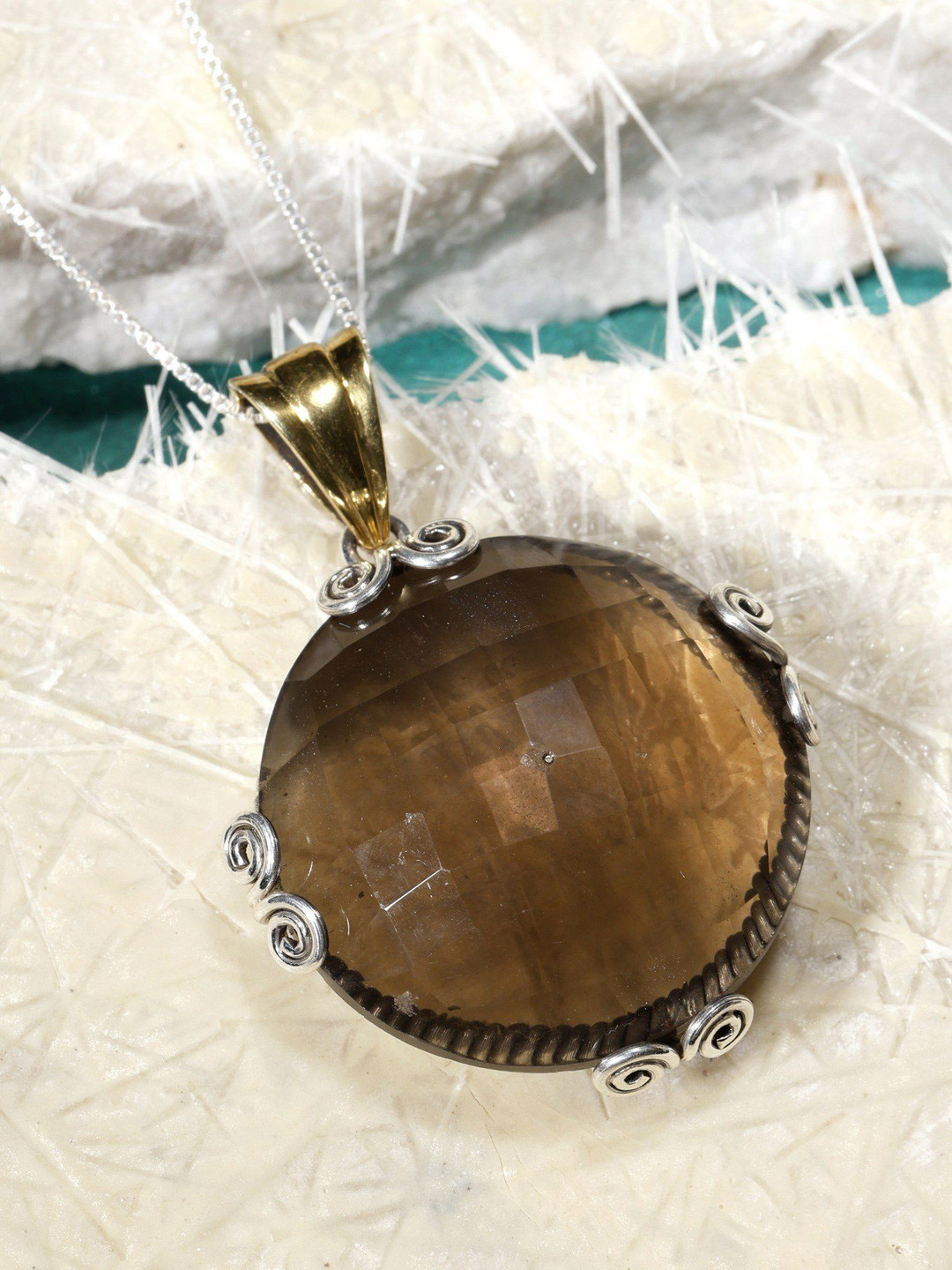 Exotic India Faceted Circular Smoky Quartz Stone Sterling Silver Pendant