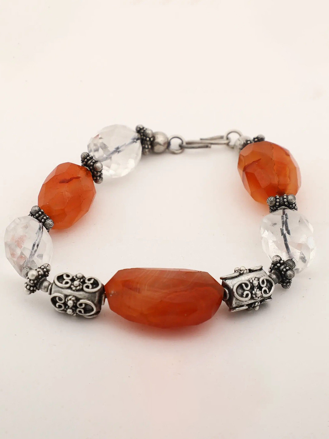 Exotic India Carnelian Gemstone and Crystal Sterling Silver Bracelet