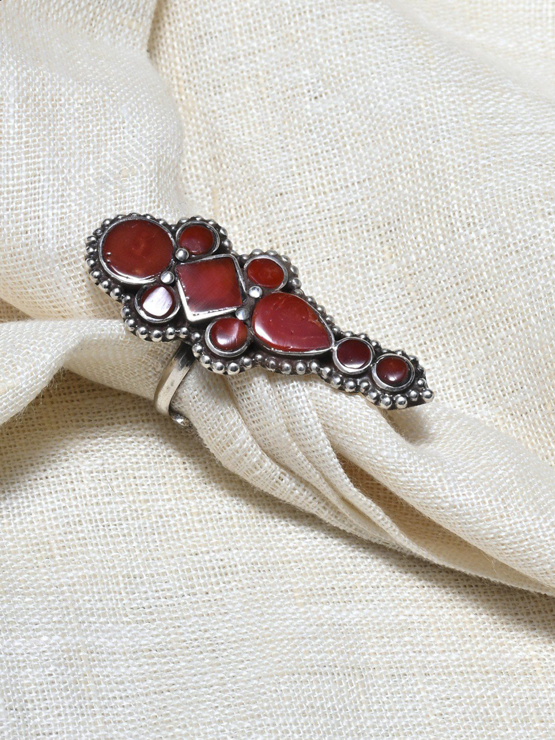 Exotic India Gemstone Adjustable Long Sterling Silver Ring