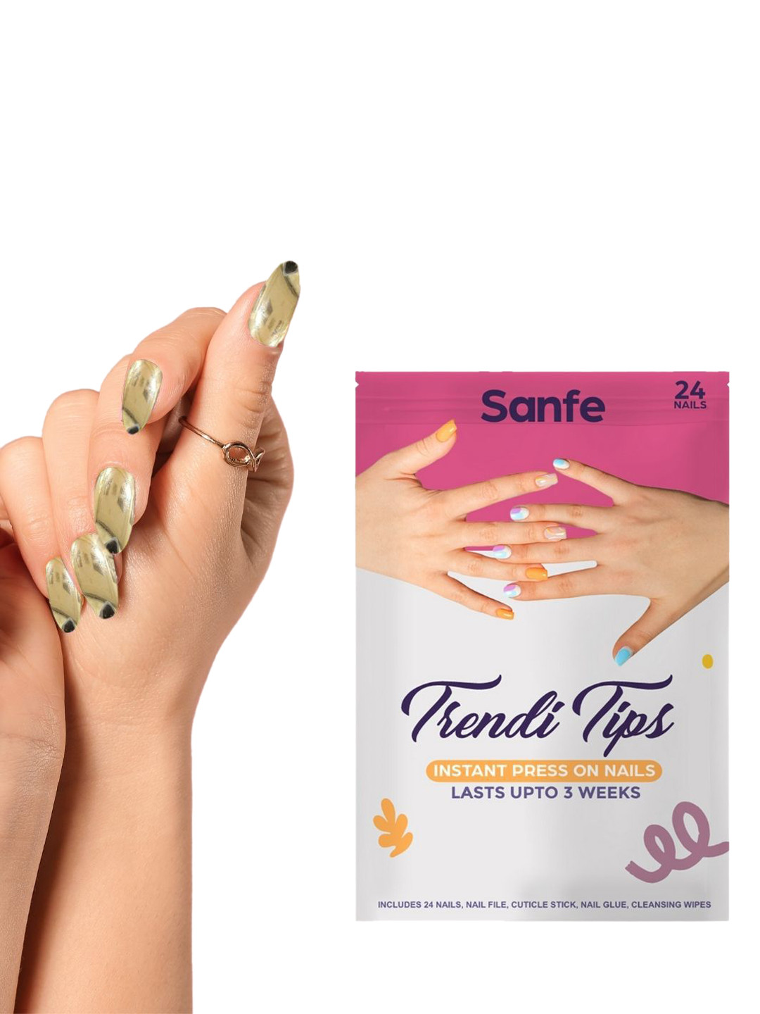 Sanfe  Set Of 24 Press On Artificial Nails - Gold