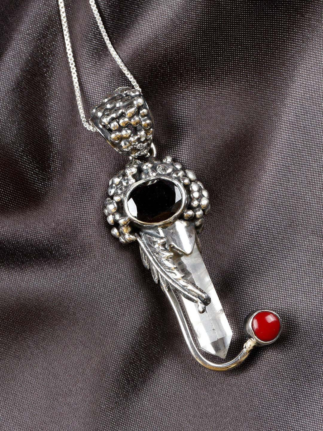 Exotic India Clear Quartz and Faceted Garnet Gemstone Sterling Silver Pendant