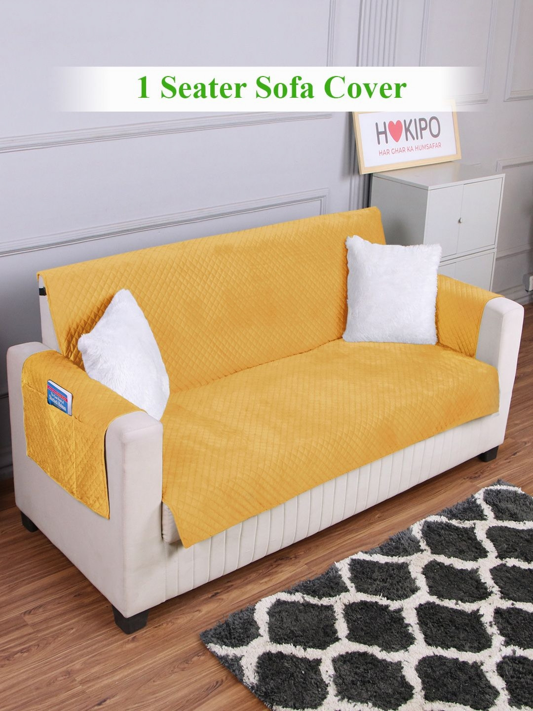 HOKIPO Yellow Quilted Velvet 1 Seater Sofa Mat Cover With Arms