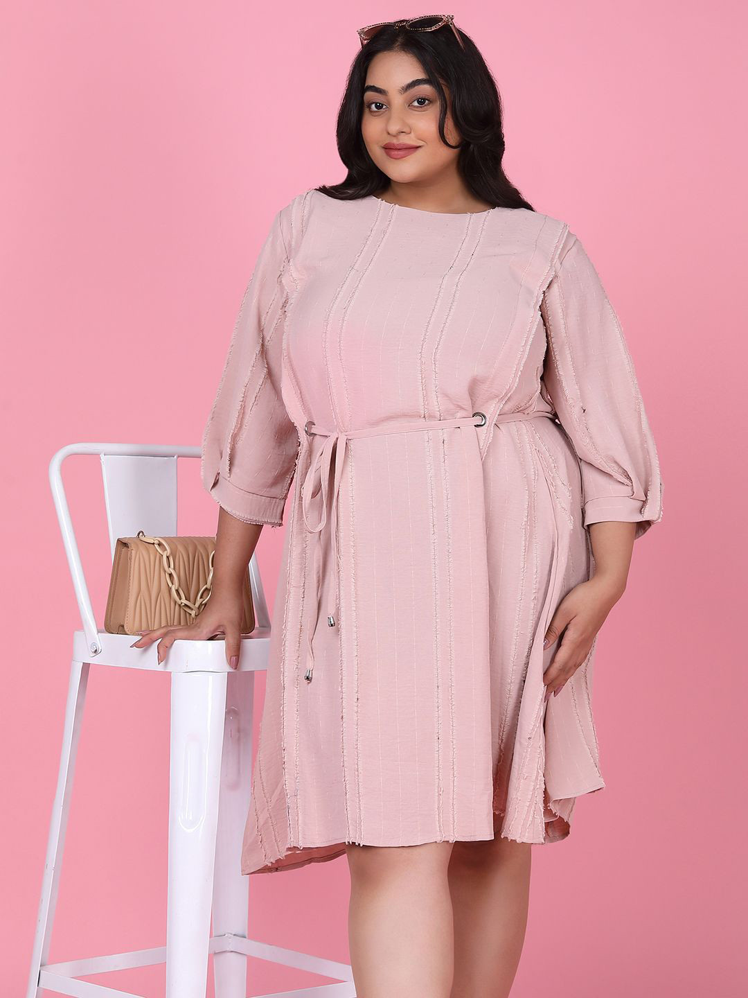 SHOWOFF Plus Size Puff Sleeve Fringed Fit & Flare Dress