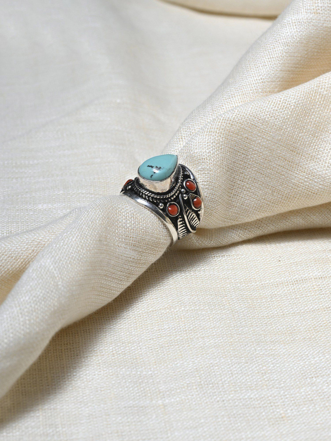 Exotic India Coral and Turquoise Gemstone Sterling Silver Adjustable Ring
